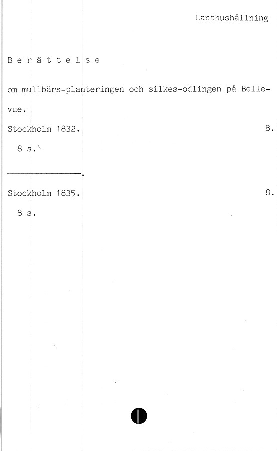  ﻿Lanthushållning
Berättelse
om mullbärs-planteringen och silkes-odlingen på Belle-
vue.
Stockholm 1832.	8.
8 s.v-
Stockholm 1835.
8 s.
8.